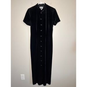 1990s RJ & Co Black Velvet Witchy Whimsigoth Vampire Stretch Midi Length Dress M
